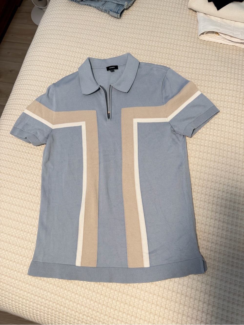 Express Light Blue Polo with Beige & White Stripe